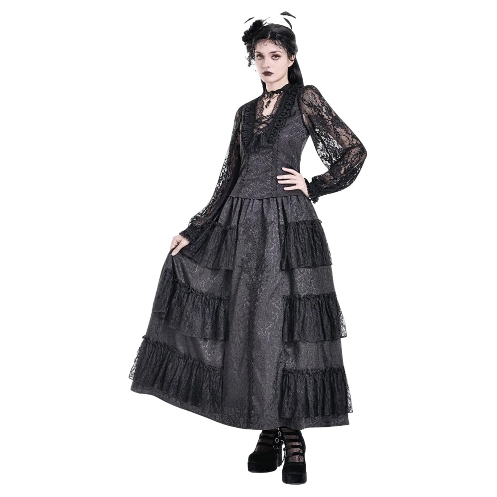 Darkinlove Women's Gothic Floral Embroidered Layered lace Ruffle Jacquard Maxi Skirt
