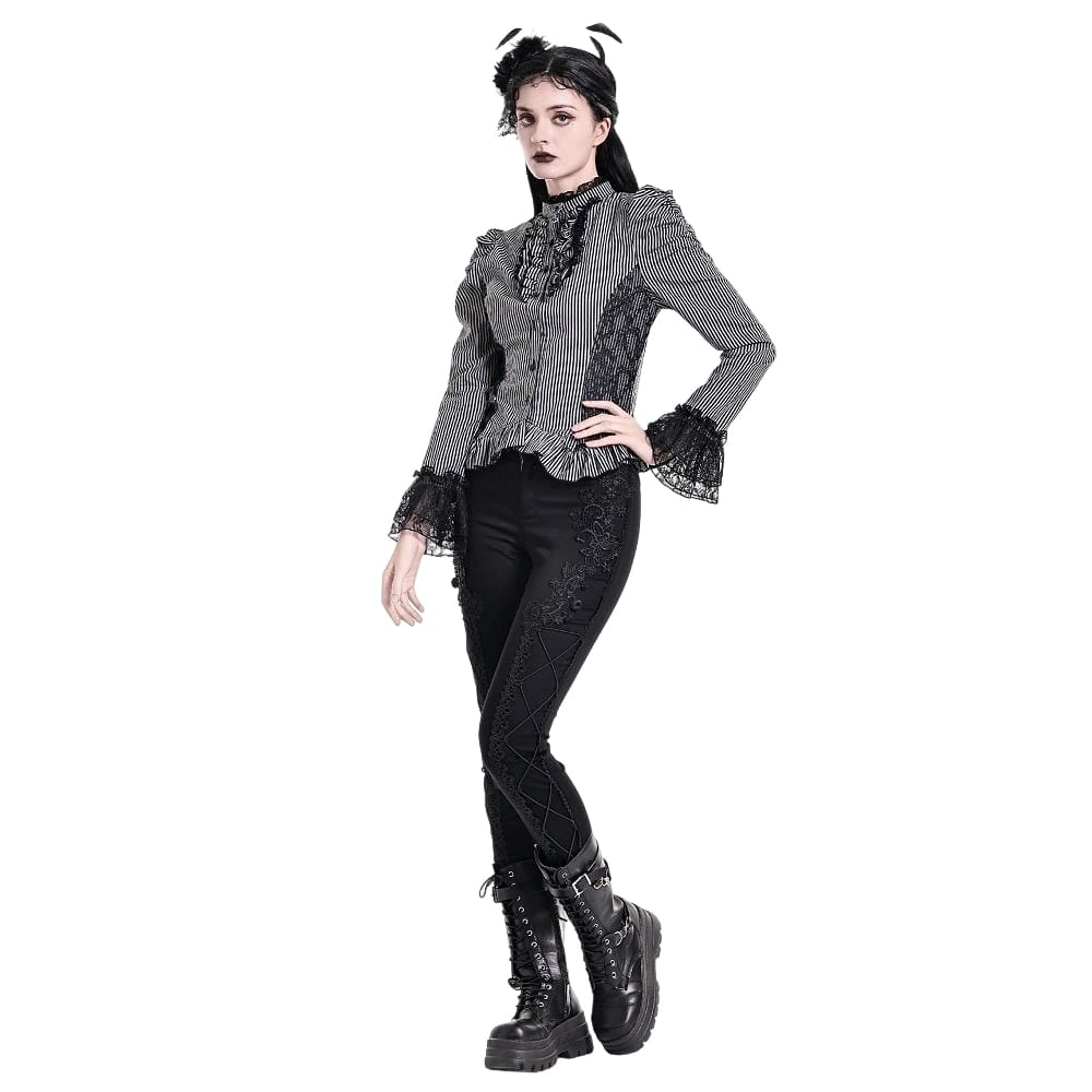 Darkinlove Women's Gothic Floral Lace Applique Lace-up Skinny Pants