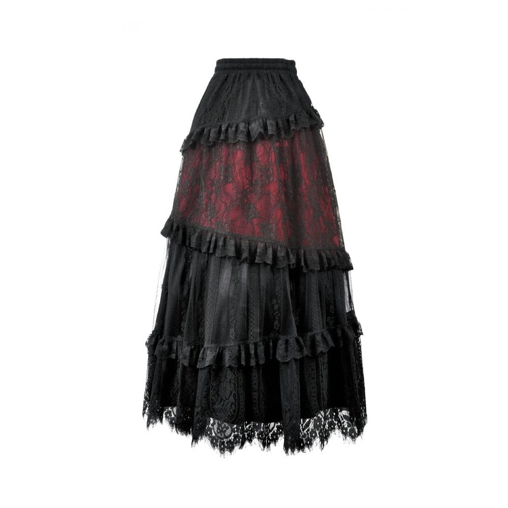 Darkinlove Women's Gothic Floral Lace Contrast Color Maxi Skirt
