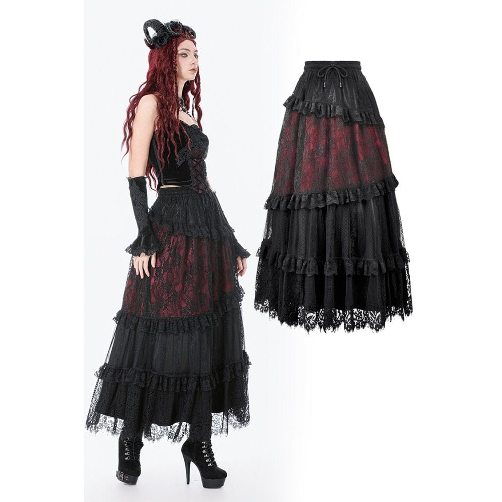 Darkinlove Women's Gothic Floral Lace Contrast Color Maxi Skirt