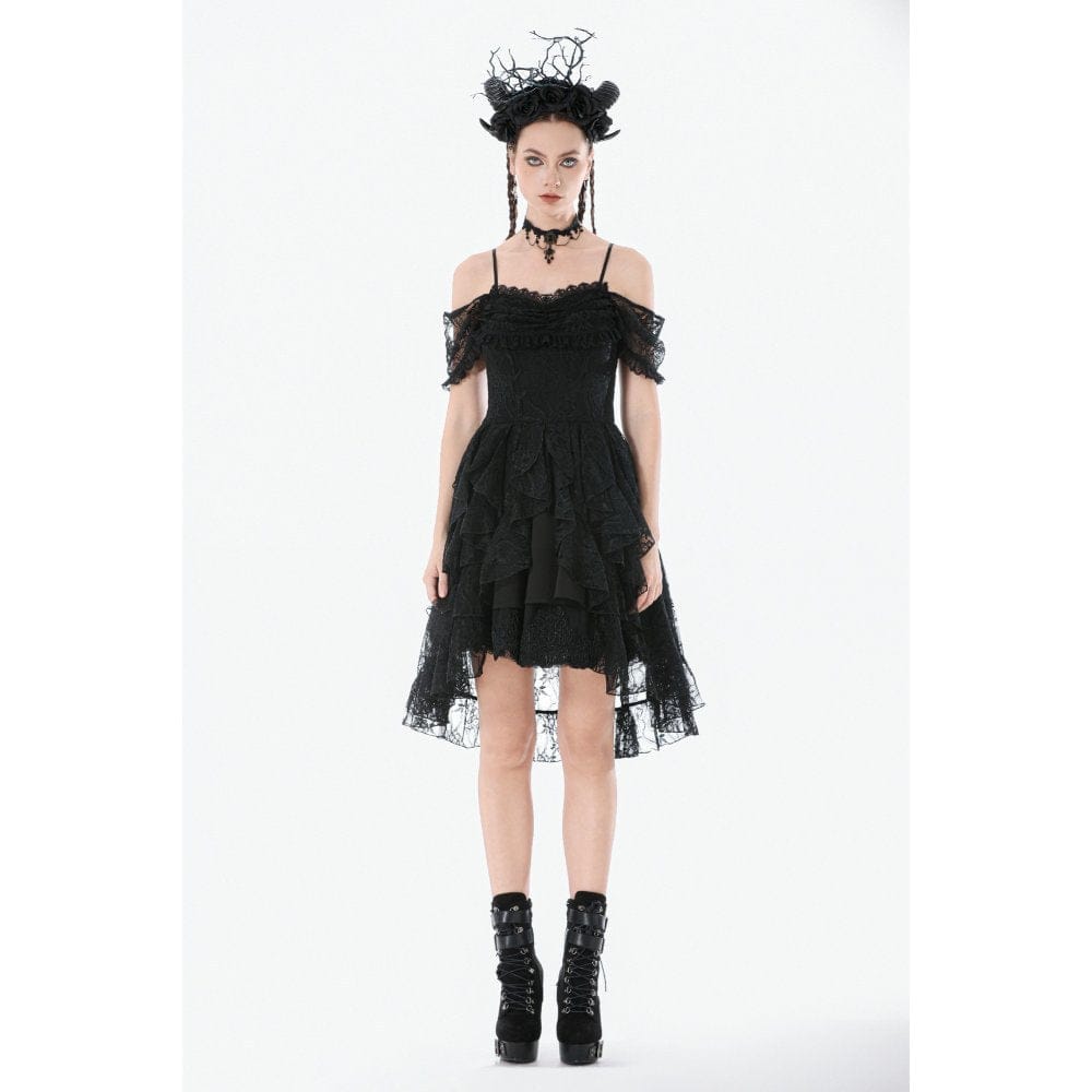 Darkinlove Women's Gothic Floral Lace High Low Off Shoulder Dress