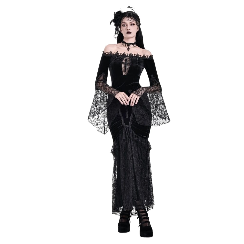 Darkinlove Women's Gothic Floral Lace Patchwork Off-Shoulder Bell Sleeve Velvet Top