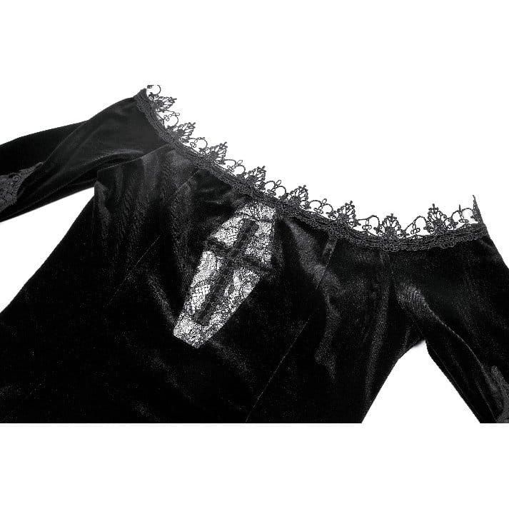 Darkinlove Women's Gothic Floral Lace Patchwork Off-Shoulder Bell Sleeve Velvet Top