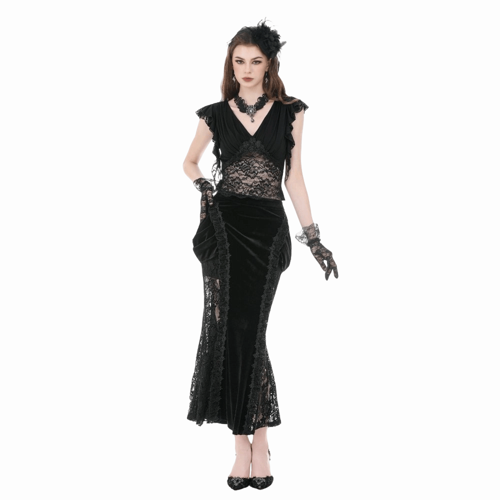Darkinlove Women's Gothic Floral Lace Patchwork Plunging Draped Crop Top