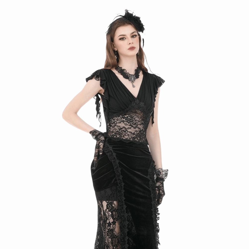 Darkinlove Women's Gothic Floral Lace Patchwork Plunging Draped Crop Top