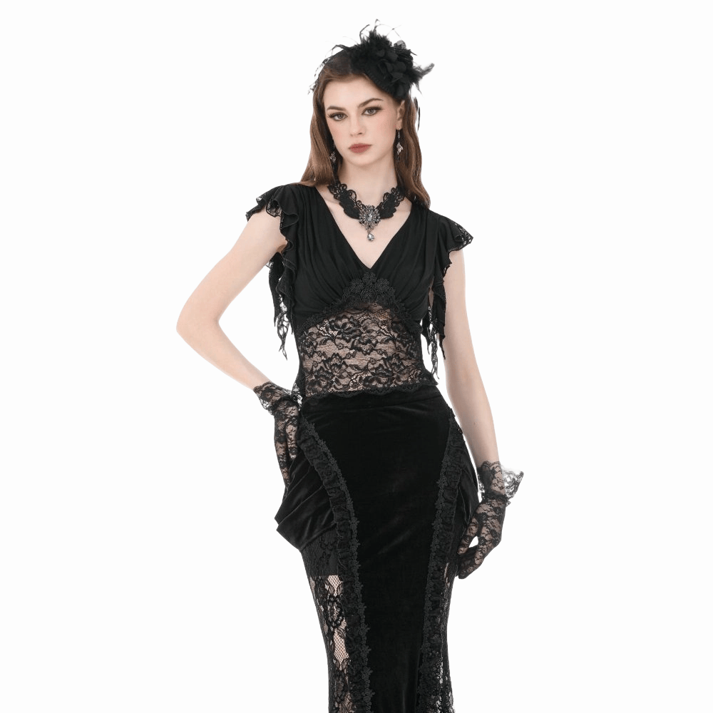 Darkinlove Women's Gothic Floral Lace Patchwork Plunging Draped Crop Top