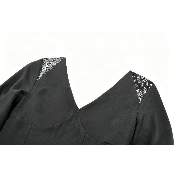 Darkinlove Women's Gothic Floral Lace Patchwork Plunging Long Sleeve Shirt