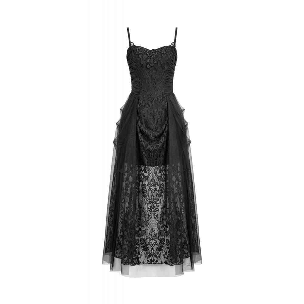 Darkinlove Women's Gothic Floral Lace Ruched Mesh Slip Dress