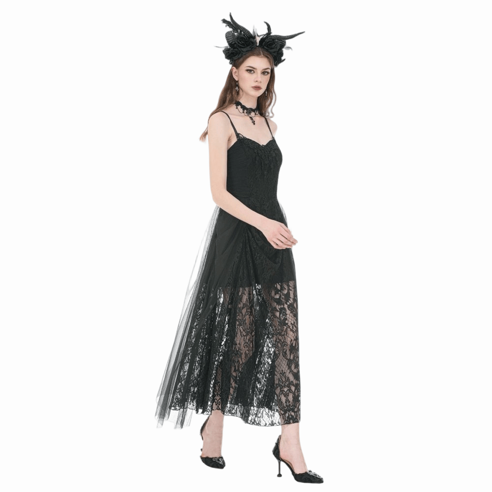 Darkinlove Women's Gothic Floral Lace Ruched Mesh Slip Dress