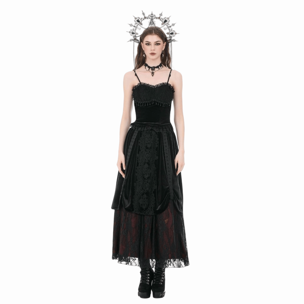 Darkinlove Women's Gothic Floral Lace Ruched Velvet Long Skirt
