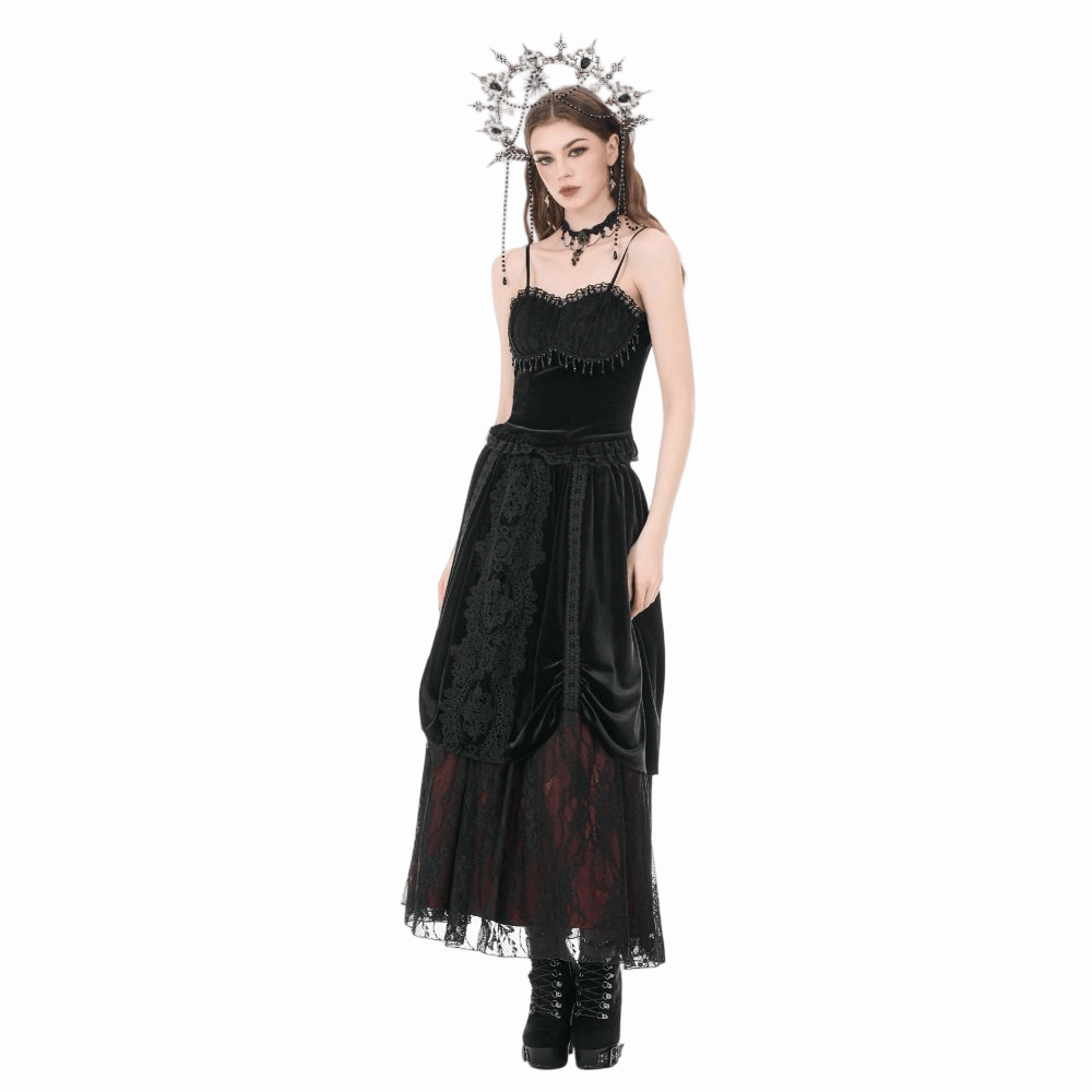 Darkinlove Women's Gothic Floral Lace Ruched Velvet Long Skirt