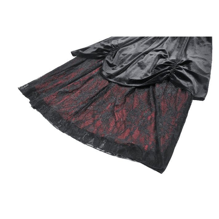 Darkinlove Women's Gothic Floral Lace Ruched Velvet Long Skirt