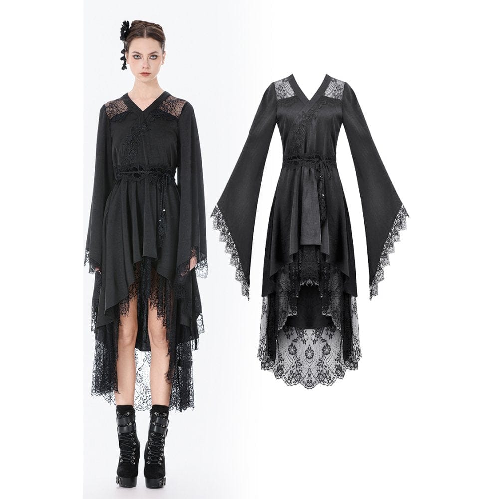 Darkinlove Women's Gothic Floral lace Sheer High Low Long Sleeved Dress