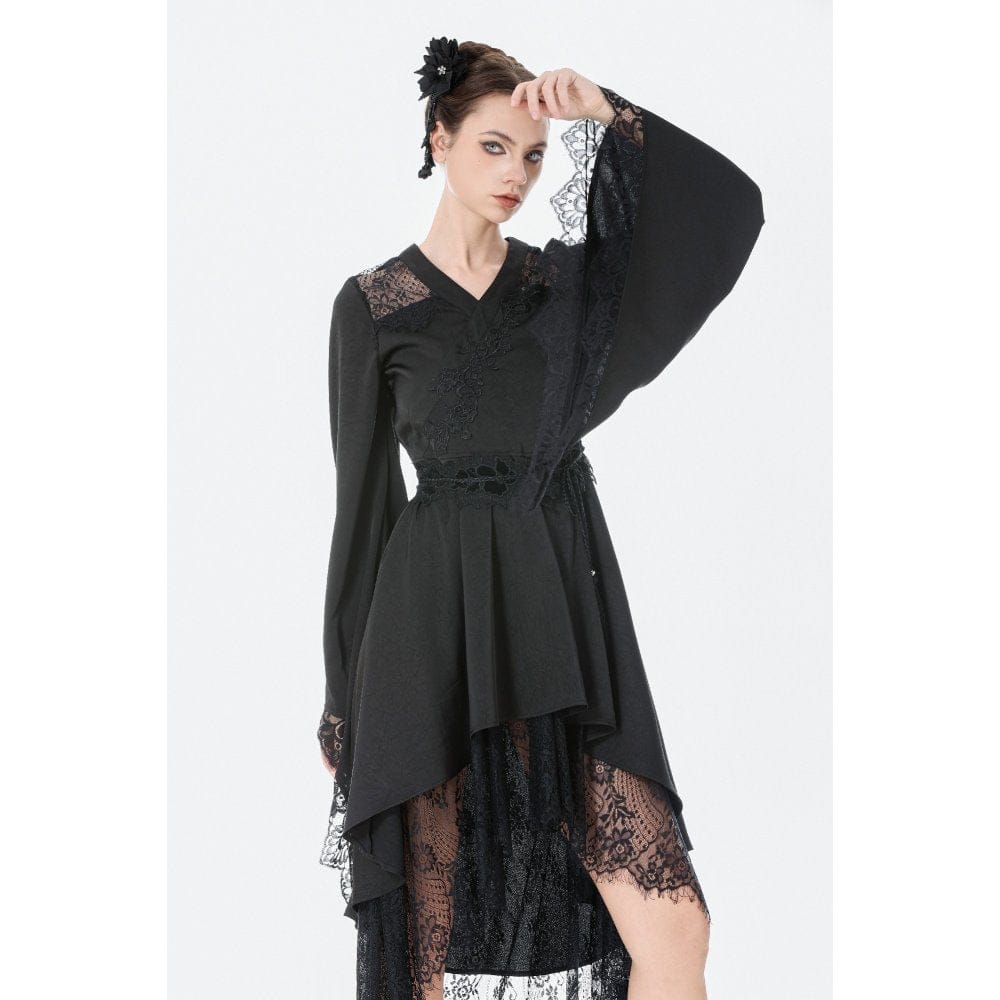 Darkinlove Women's Gothic Floral lace Sheer High Low Long Sleeved Dress