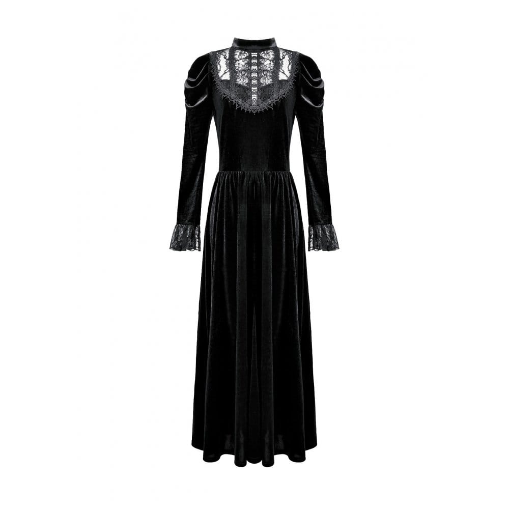 Darkinlove Women's Gothic Floral Lace Splice Puff Sleeve Velvet Maxi Dress