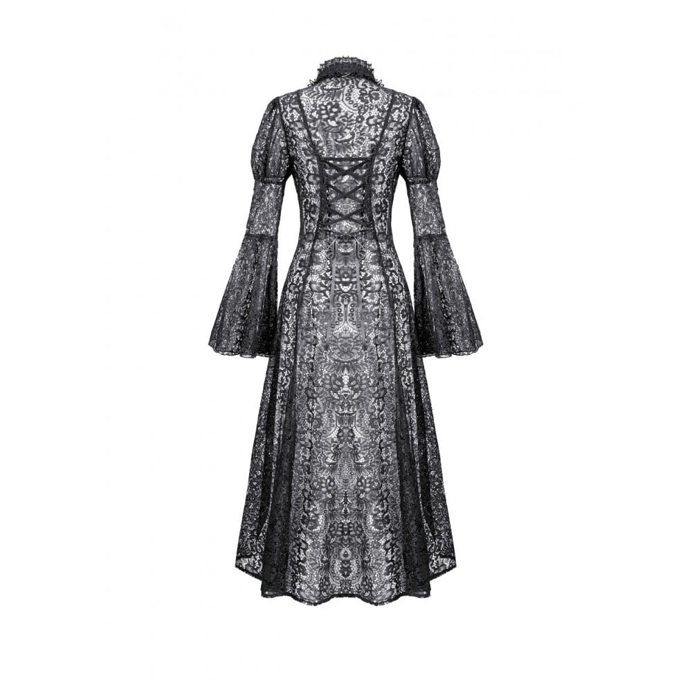 Darkinlove Women's Gothic Floral Sheer Lace Puff Bell Sleeve Long Duster Coat
