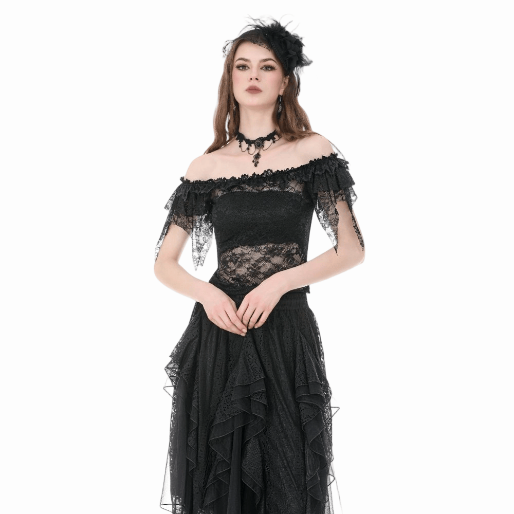 Darkinlove Women's Gothic Floral Sheer Off-Shoulder Lace Top