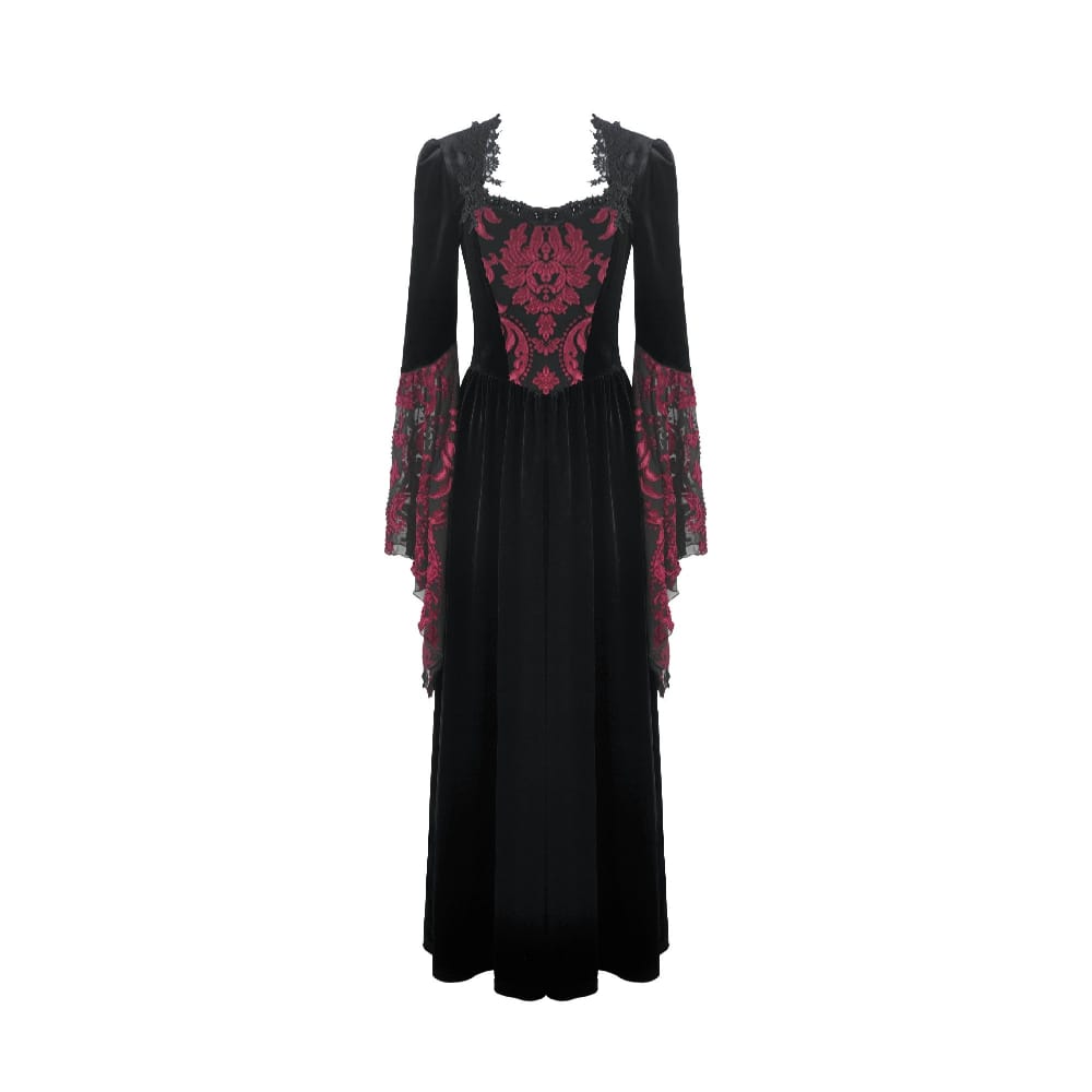 Darkinlove Women's Gothic Floral Square-cut Collar Flare Sleeve Dress