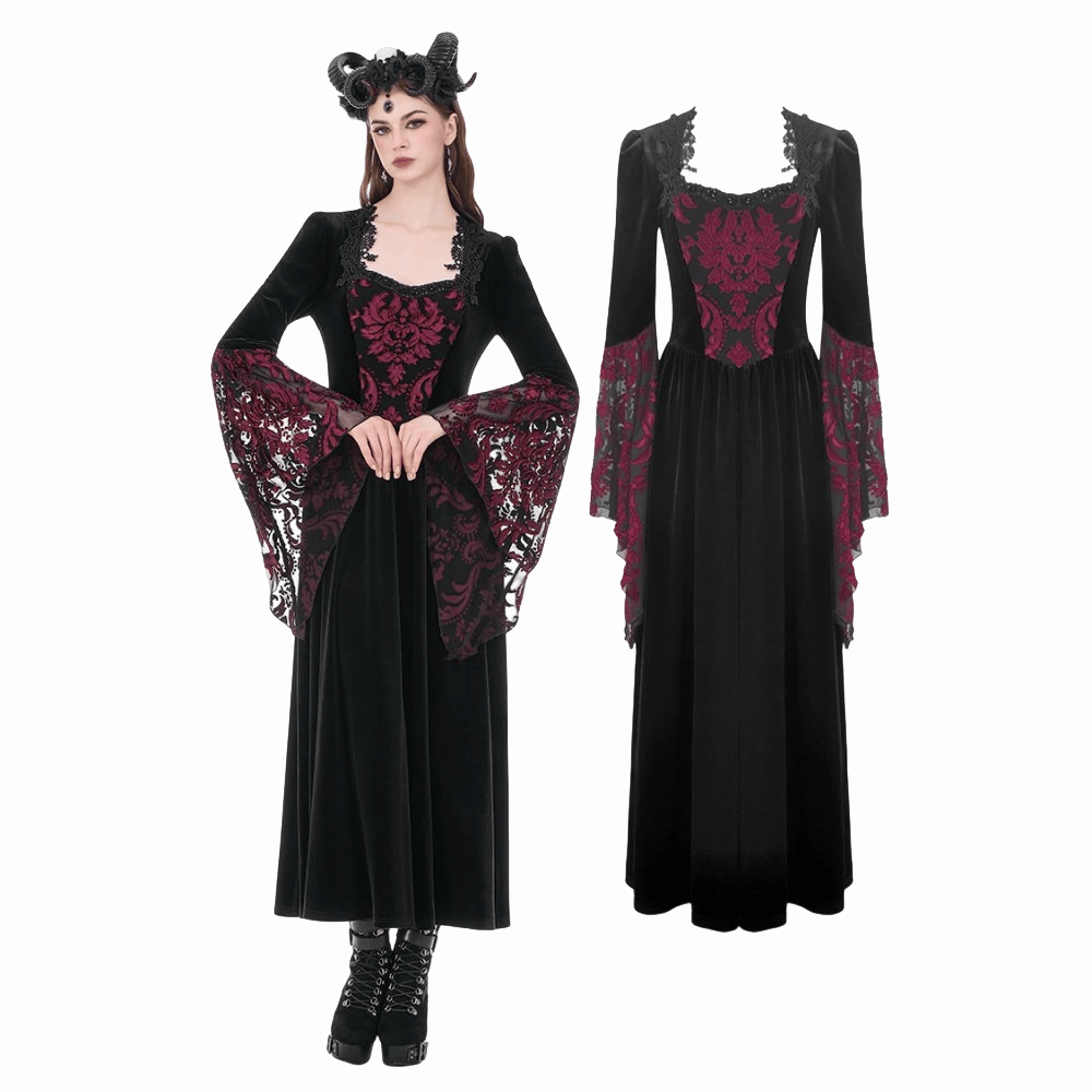 Darkinlove Women's Gothic Floral Square-cut Collar Flare Sleeve Dress