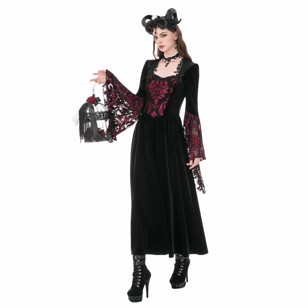 Darkinlove Women's Gothic Floral Square-cut Collar Flare Sleeve Dress