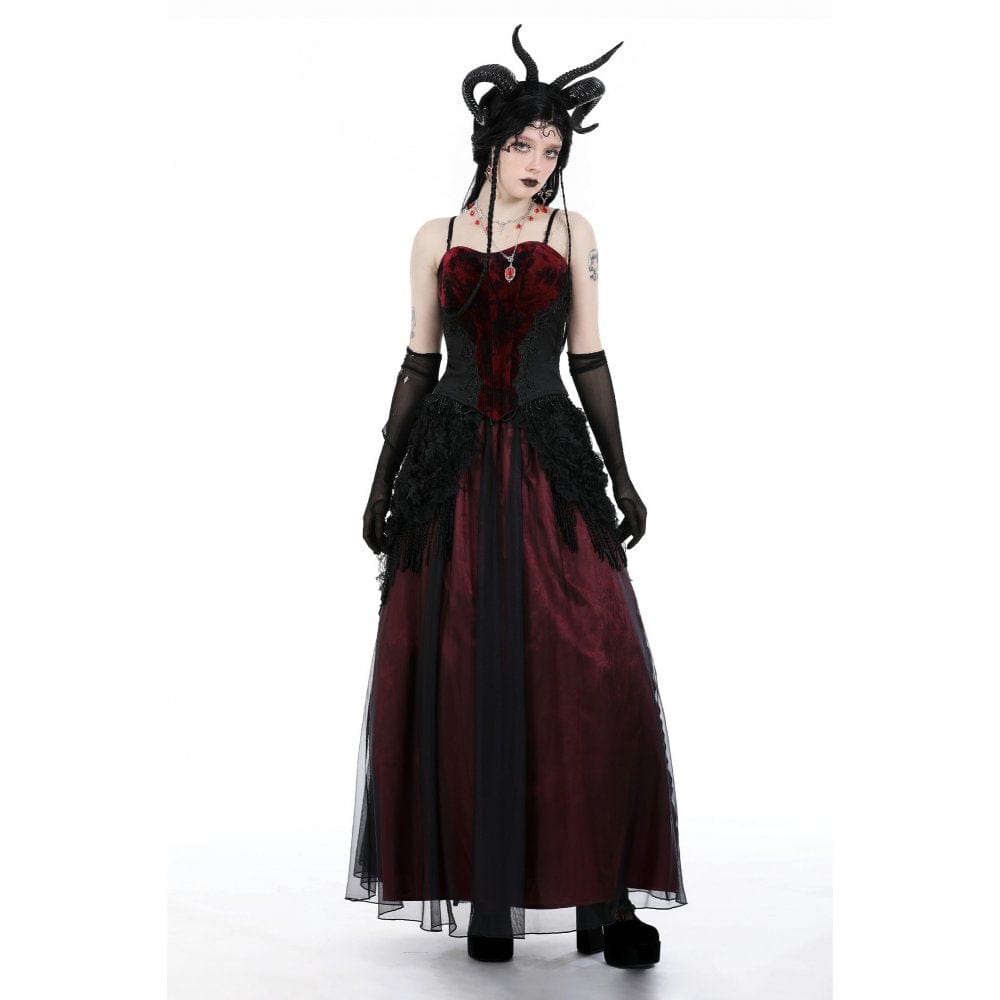 Darkinlove Women's Gothic Floral Tassel Mesh Splice Skirt