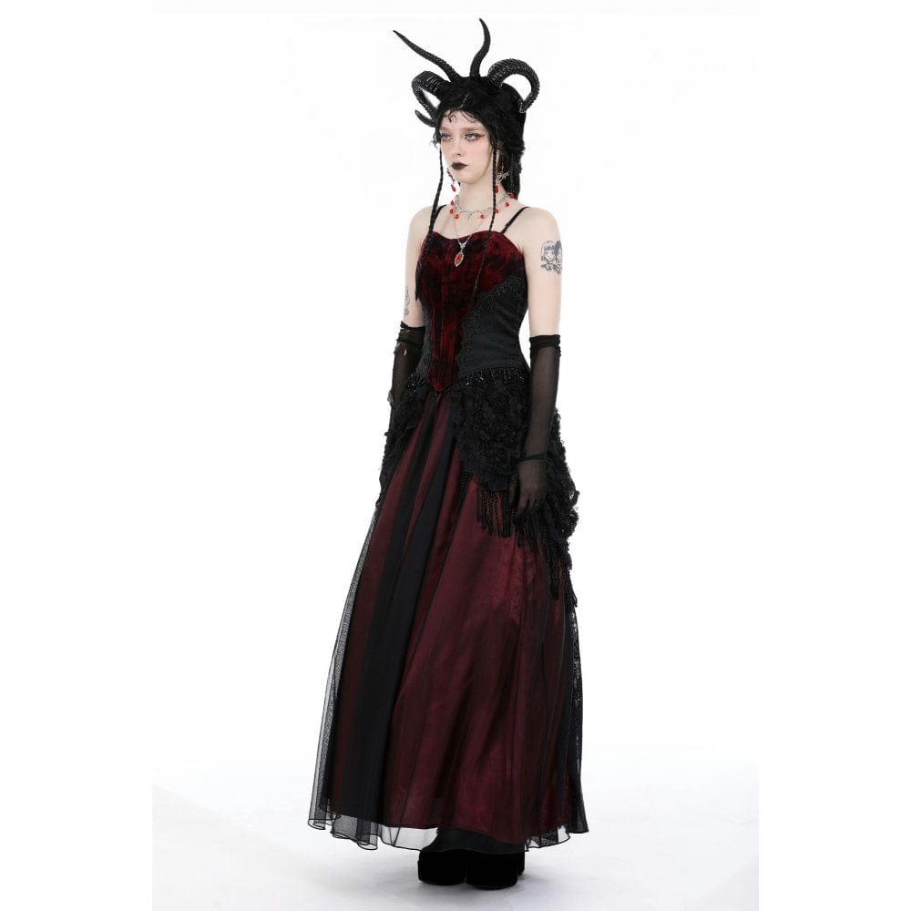 Darkinlove Women's Gothic Floral Tassel Mesh Splice Skirt