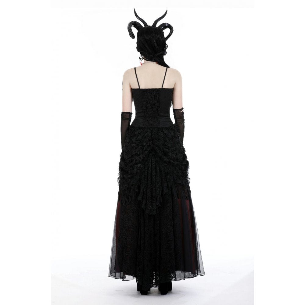 Darkinlove Women's Gothic Floral Tassel Mesh Splice Skirt
