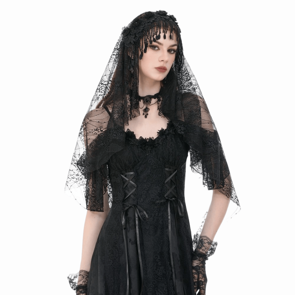 Darkinlove Women's Gothic Floral Tassels Mesh Veil