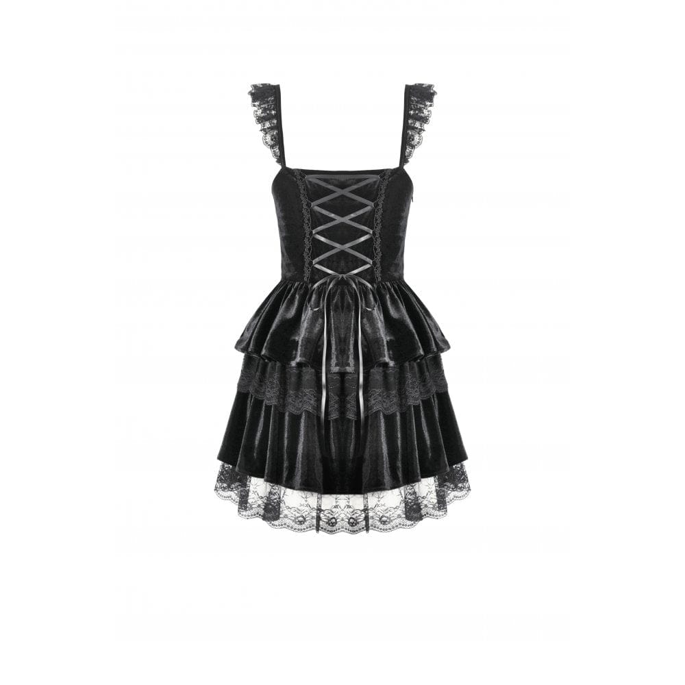 Darkinlove Women's Gothic Flower Embroidered Multilayer Lace Velet Slip Dress