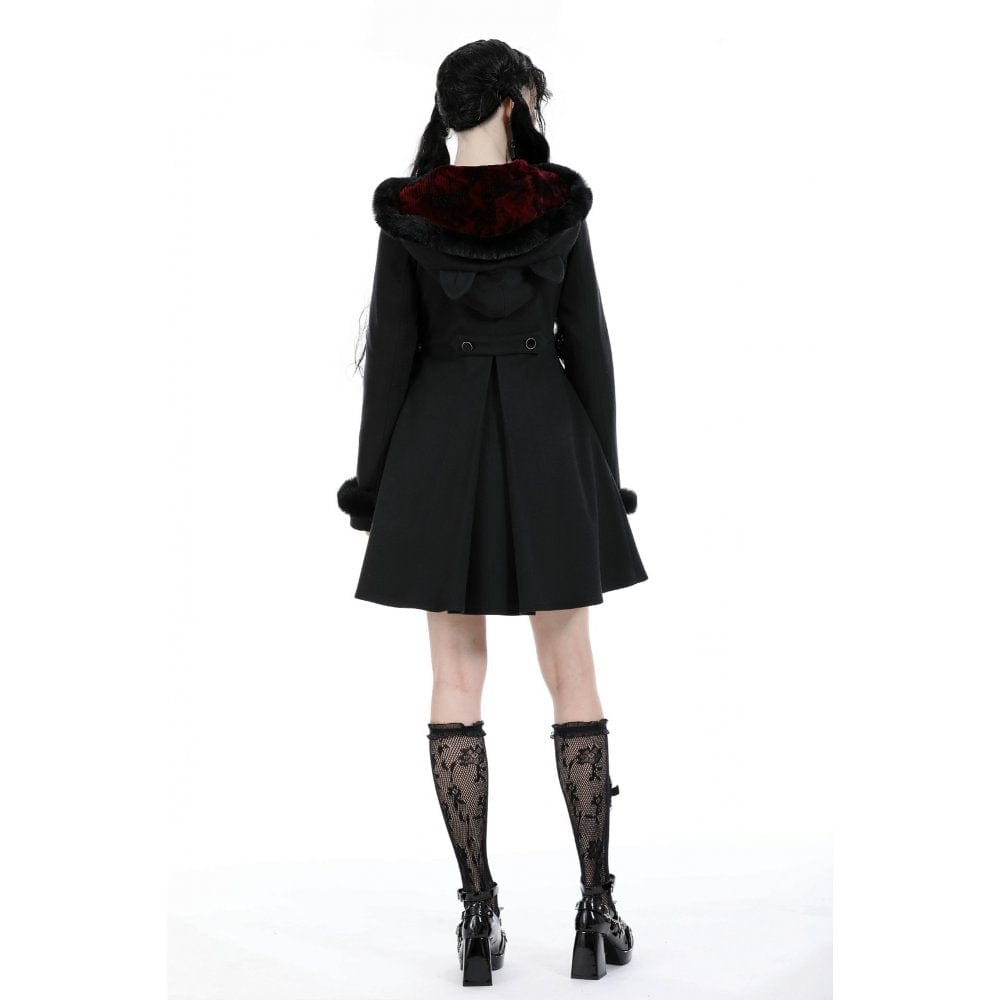 Darkinlove Women's Gothic Fluffy Splice Woolen Coat with Cat Ear Hood