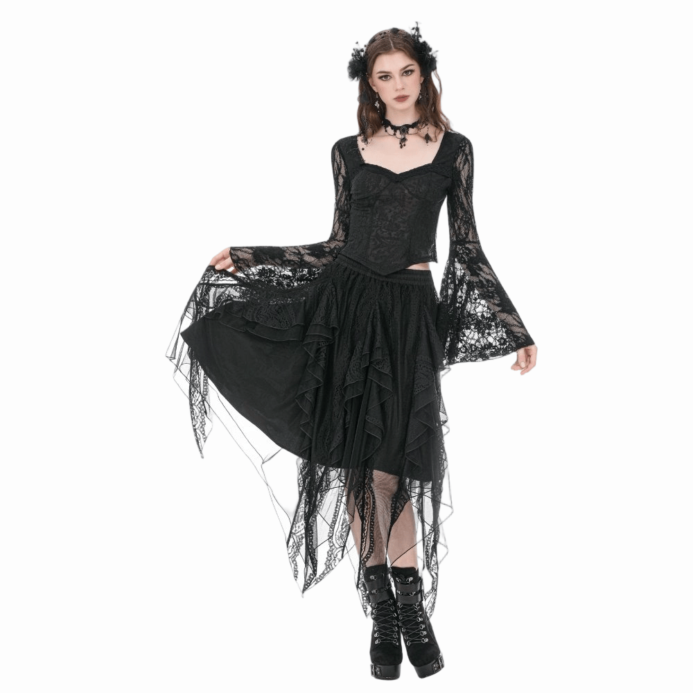 Darkinlove Women's Gothic Irregular Layered Mesh Long Skirt