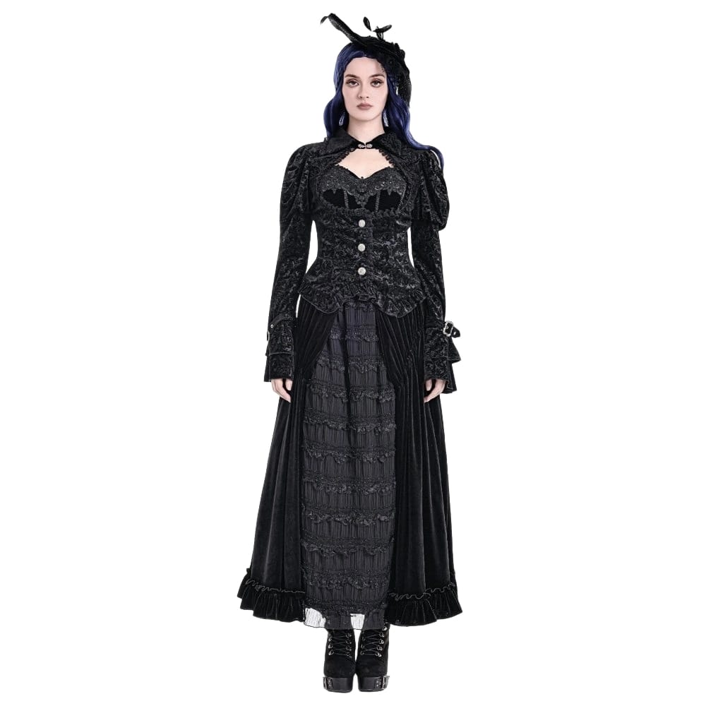 Darkinlove Women's Gothic Jacquard Cutout Buckle Strap Bell Sleeve Top
