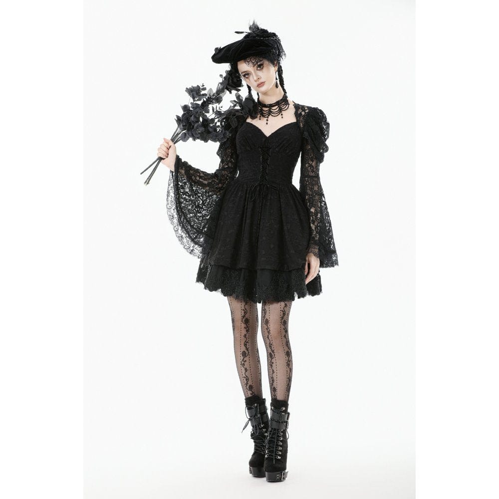 Darkinlove Women's Gothic Jacquard Floral Lace Sleeved Dress