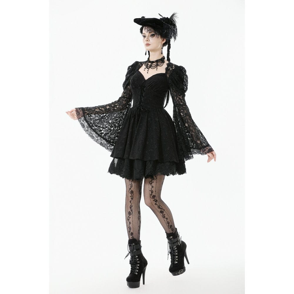 Darkinlove Women's Gothic Jacquard Floral Lace Sleeved Dress