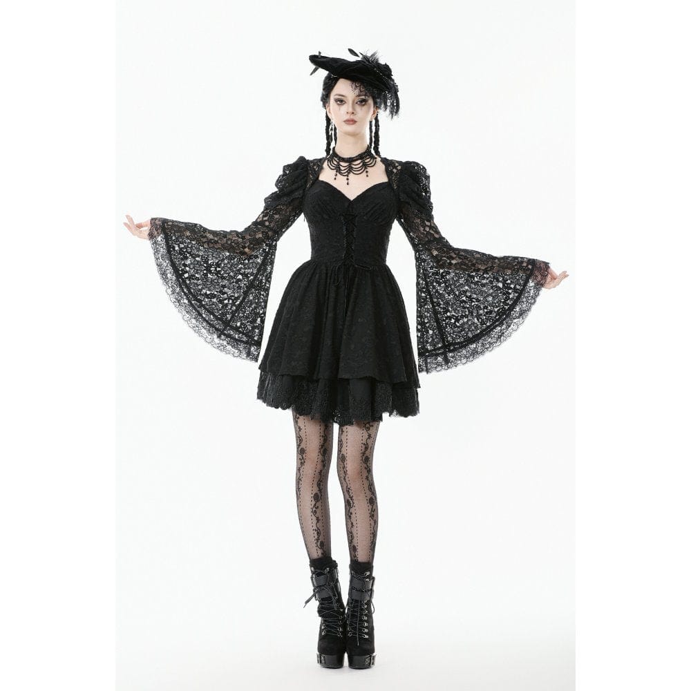 Darkinlove Women's Gothic Jacquard Floral Lace Sleeved Dress