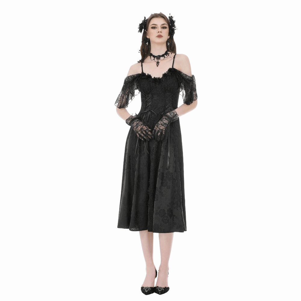 Darkinlove Women's Gothic Jacquard Lace-up Off Shoulder Slip Dress
