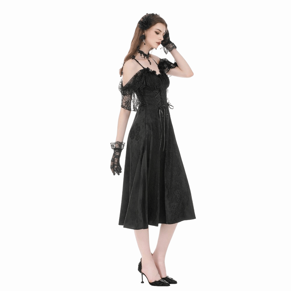 Darkinlove Women's Gothic Jacquard Lace-up Off Shoulder Slip Dress