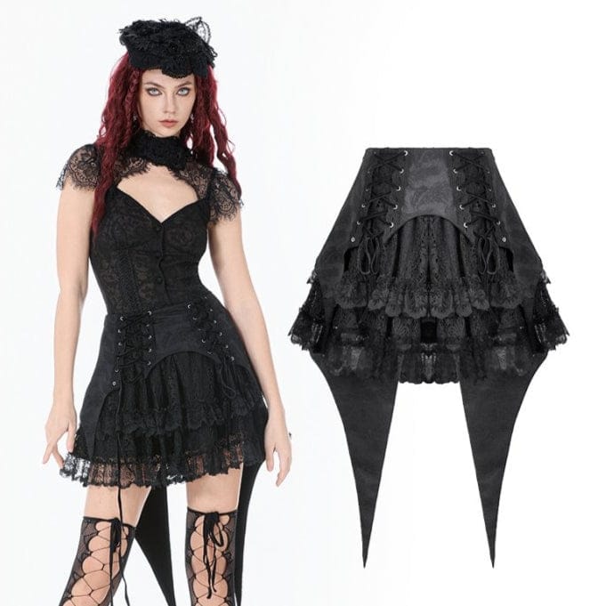 Darkinlove Women's Gothic Jacquard Layered Lace Swallowtail Skirt