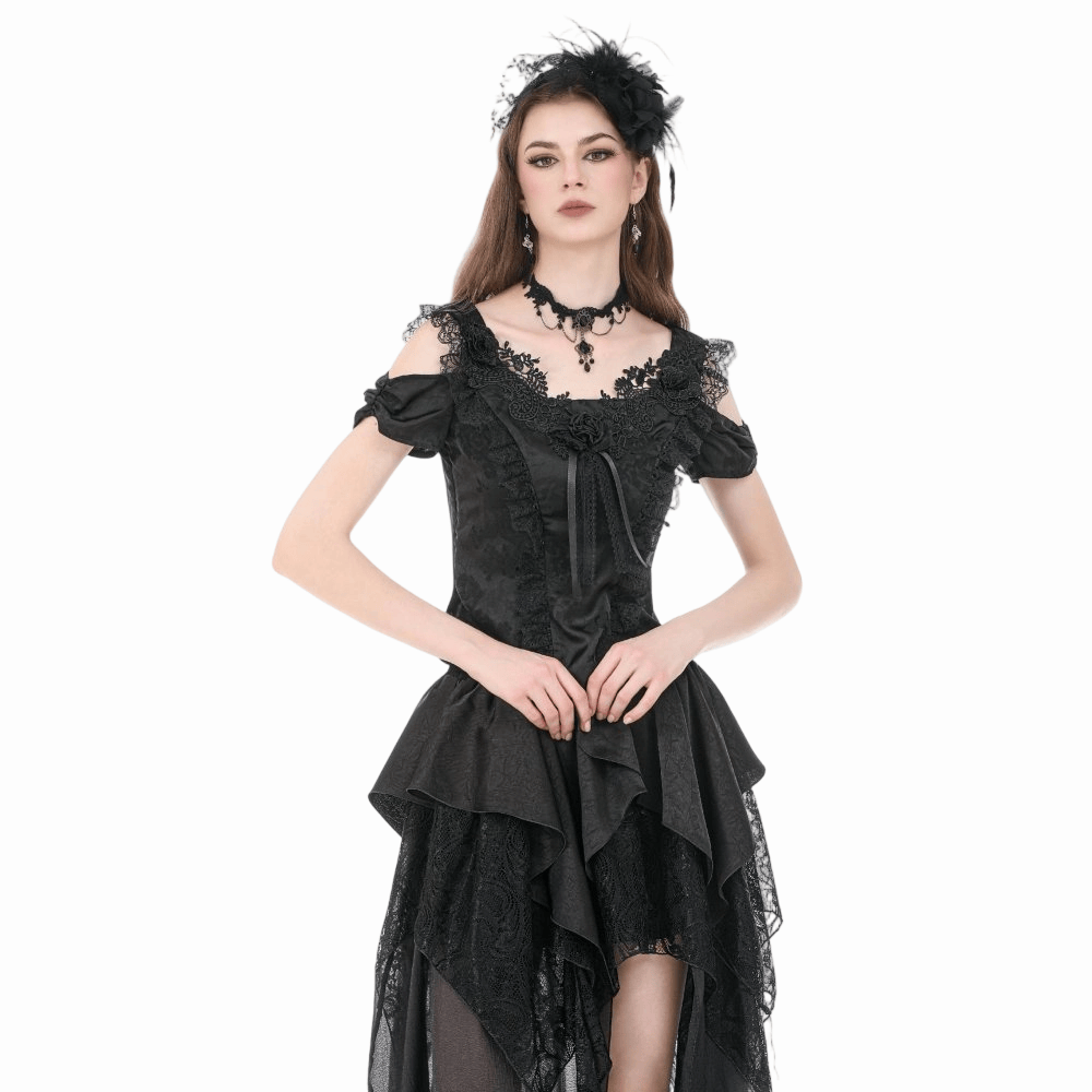 Darkinlove Women's Gothic Jacquard Rose Cutout Short Sleeve Shirt