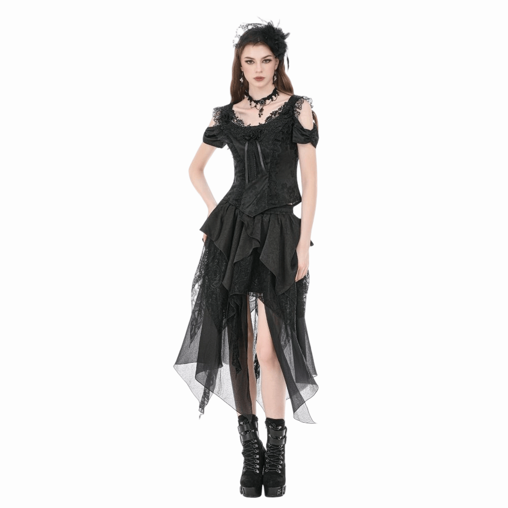 Darkinlove Women's Gothic Jacquard Rose Cutout Short Sleeve Shirt