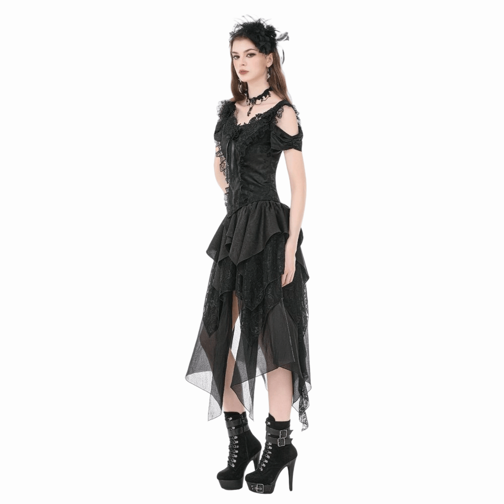Darkinlove Women's Gothic Jacquard Rose Cutout Short Sleeve Shirt