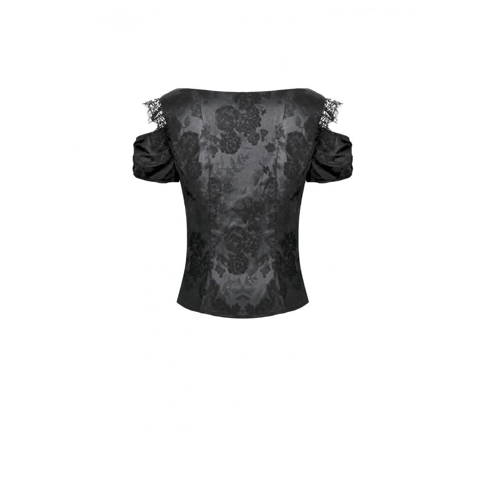 Darkinlove Women's Gothic Jacquard Rose Cutout Short Sleeve Shirt