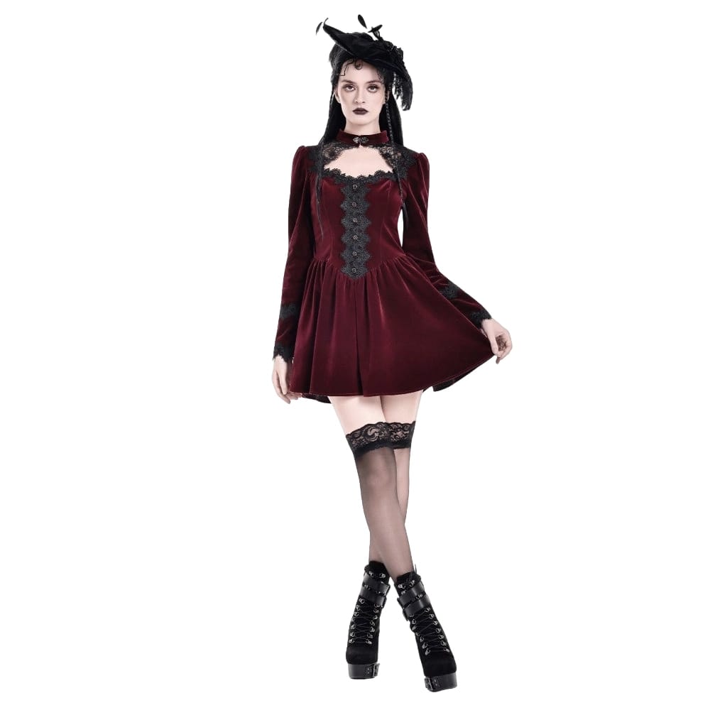 Darkinlove Women's Gothic Lace Applique Cutout Velvet Short Dress