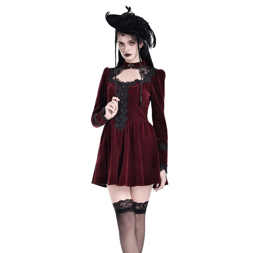 Darkinlove Women's Gothic Lace Applique Cutout Velvet Short Dress