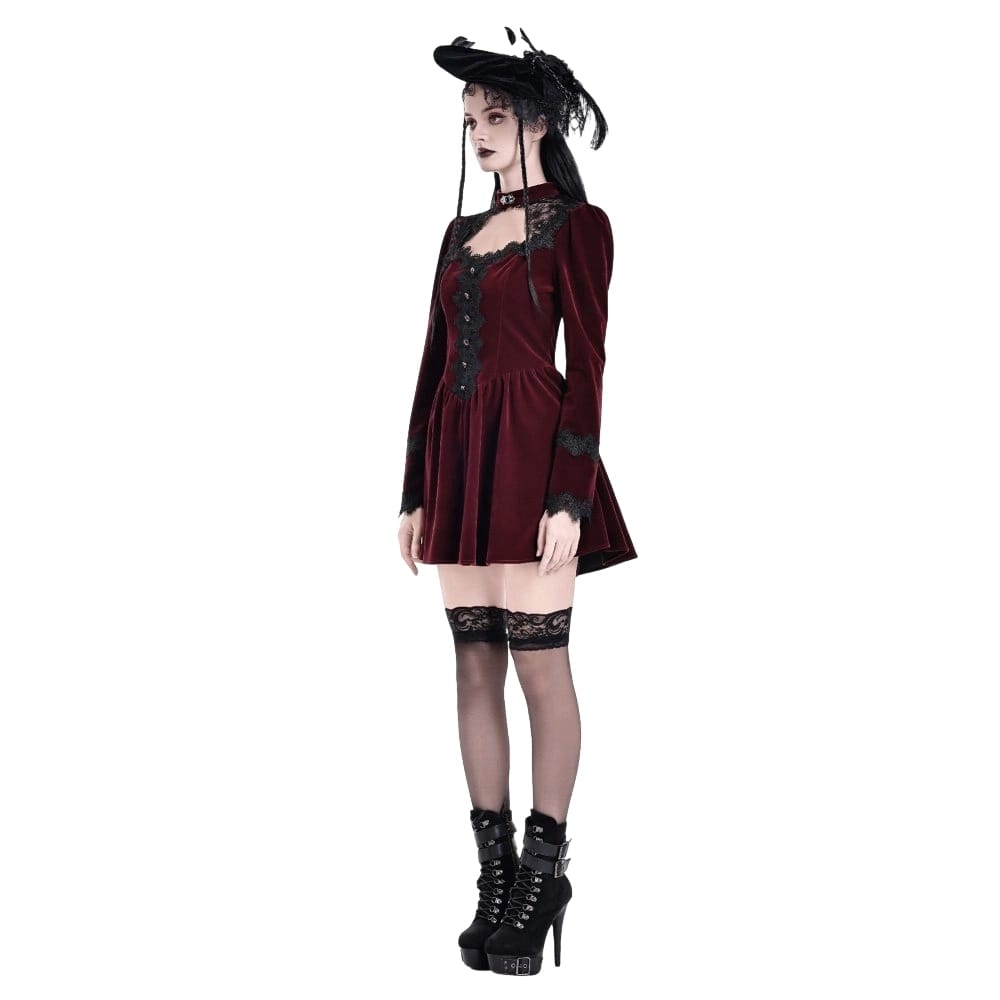 Darkinlove Women's Gothic Lace Applique Cutout Velvet Short Dress