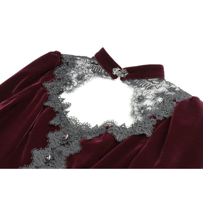 Darkinlove Women's Gothic Lace Applique Cutout Velvet Short Dress