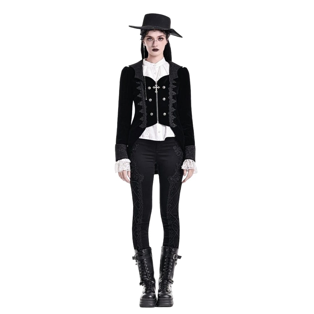 Darkinlove Women's Gothic Lace Applique Lapel Zipper Tailcoat Jacket