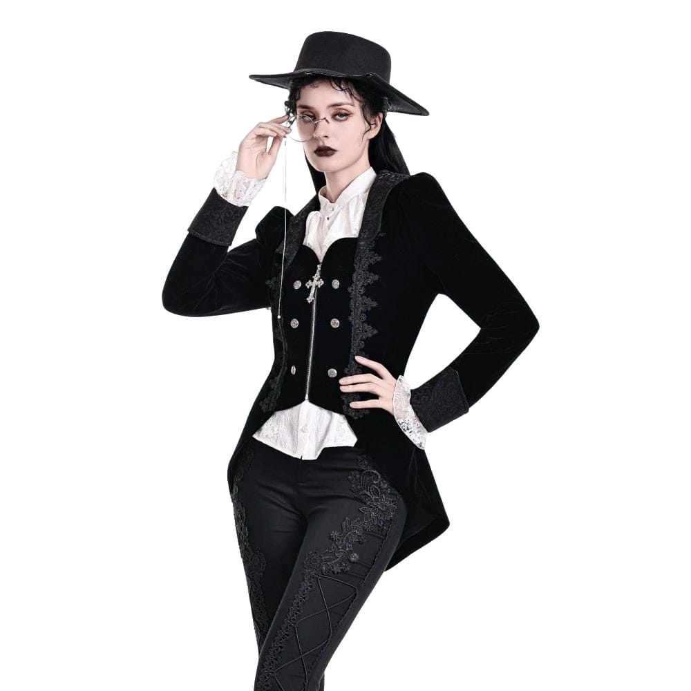 Darkinlove Women's Gothic Lace Applique Lapel Zipper Tailcoat Jacket