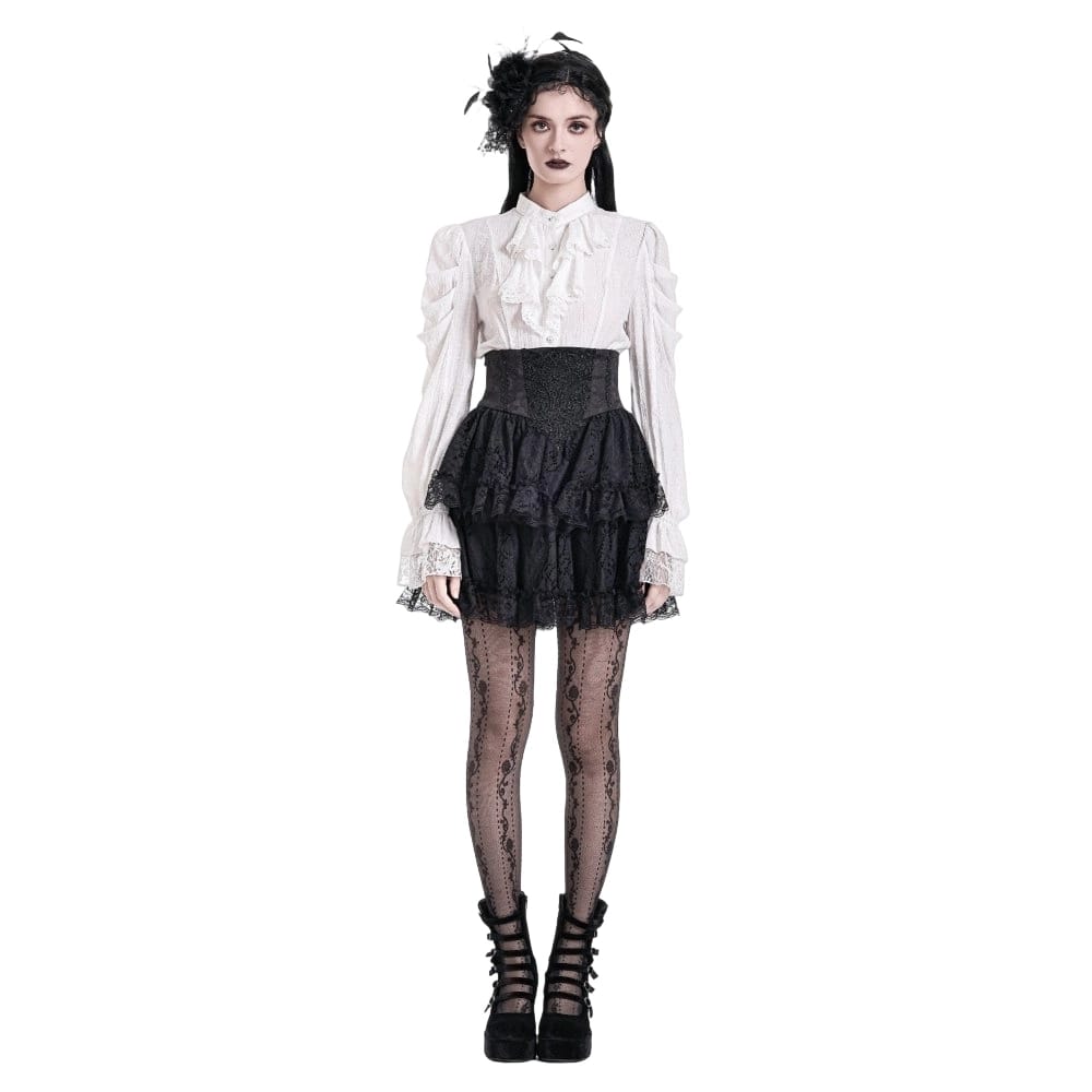 Darkinlove Women's Gothic Lace Applique Layered Ruffle High‑Waist Short Skirt