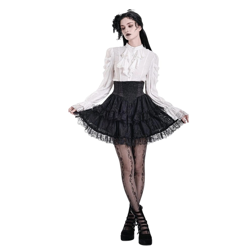 Darkinlove Women's Gothic Lace Applique Layered Ruffle High‑Waist Short Skirt